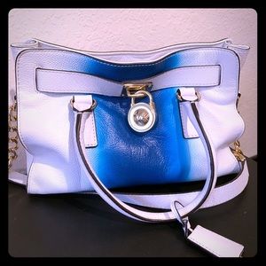 Michael Kors blue and white spray paint handbag